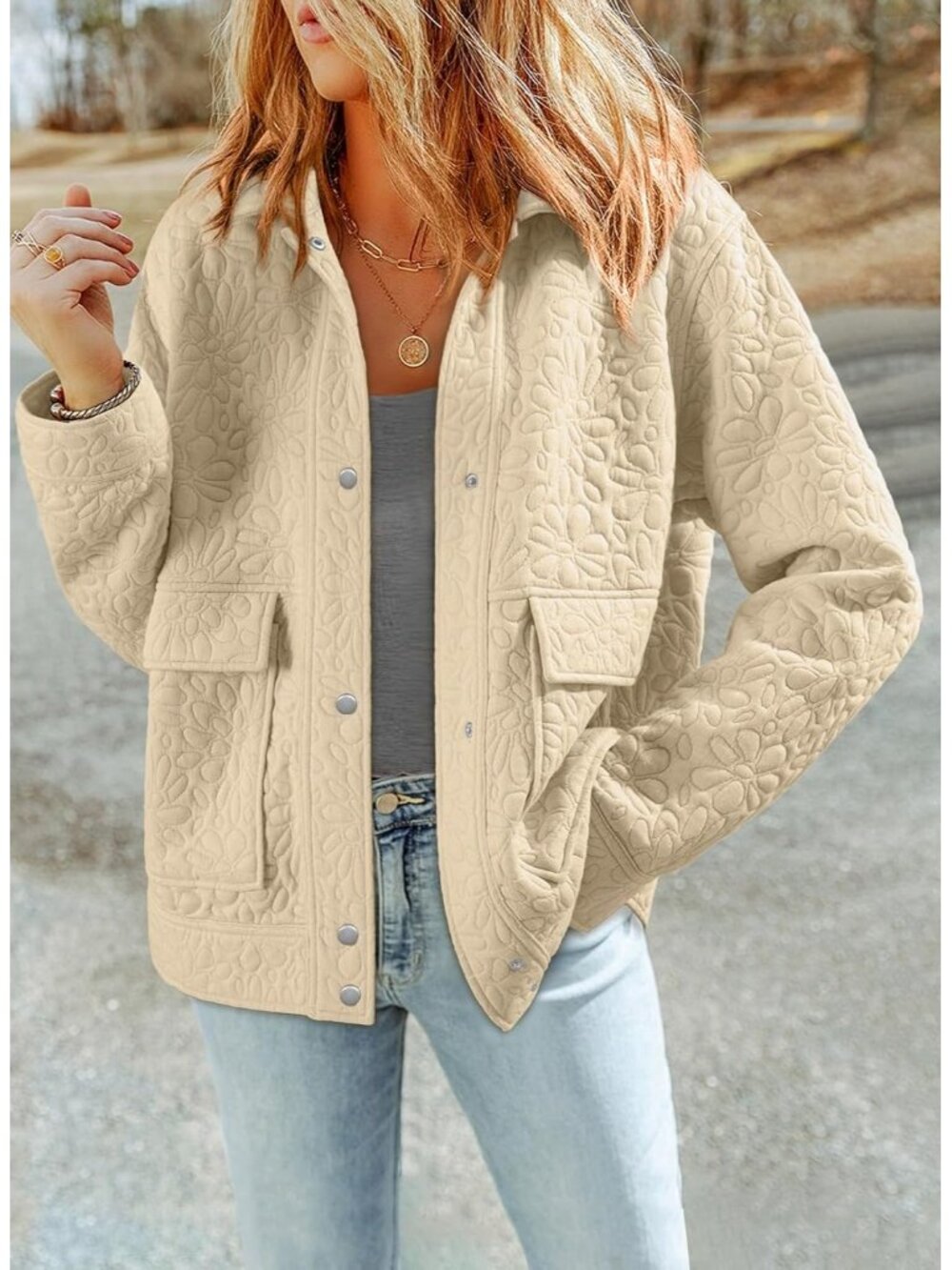 〽️Women Beige Casual Warm Winter Long Sleeve Jacquard Turn Down Collared Shacket - Picture 3 of 6